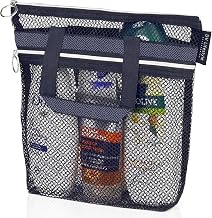 Mesh Shower Caddy Bag 10.2x9.9'' Quick-Dry Caddy with Zipper & 2 Pockets. Portable Toiletry Tote for Bathroom, Gym, Travel, Camp, Beach, for Sunscreen, Dorm & College Essentials (Black)