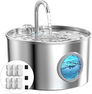 GIOTOHUN Stainless Steel Cat Water Fountain: Cat Water Dispenser - with 6 Filters + 3 Sponges - 2.2L Waters Fountain Indoor Pet - Pet Dispenser - Quiet Automatic Dog Drinking Bowl Cat fountain-2L + 6 filters + 3 sponges