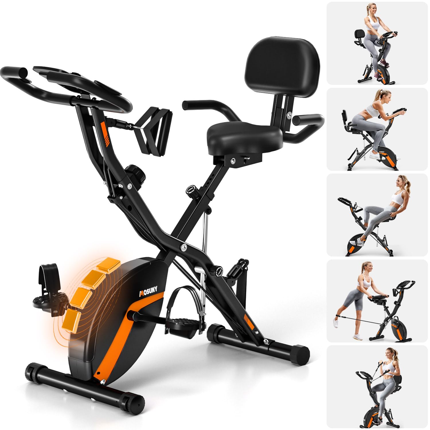 Exercise Bike, MOSUNY 5-in-1 Stationary Bike With 10DB Super-Silent, Folding Exercise Bike with 16-Level Adjustable Magnetic Resistance, 350 LBS Indoor Cycling Bike For Home Workout Orange