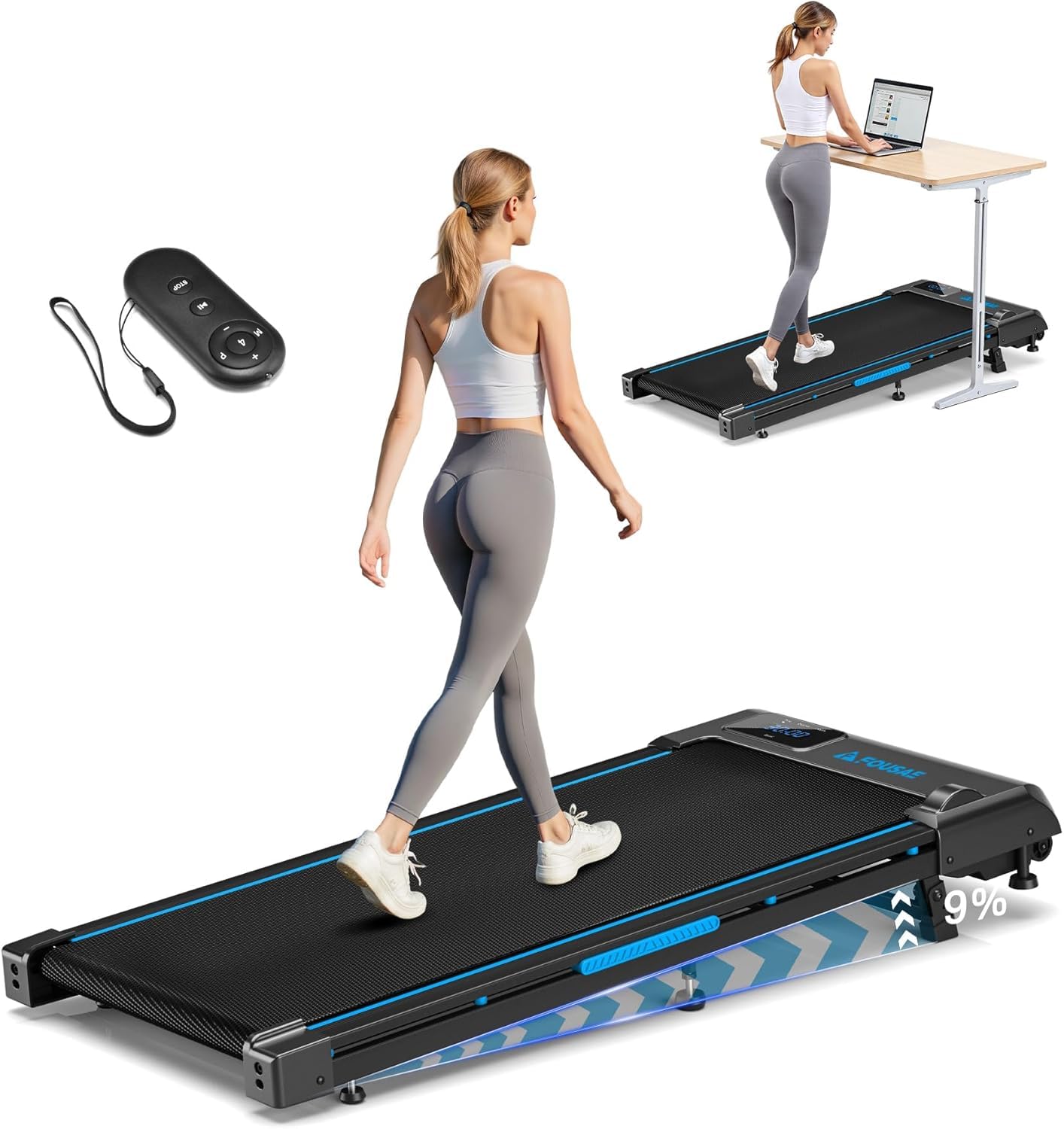 Walking Pad with 9% Incline, FOUSAE 3 in 1 6.2 MPH Treadmill for Home with Double Frame 330 LB Weight Capacity, 2.5 HP Under Desk Walking Pad Treadmill with 12 HIIT Programs, Magnetic Remote Control Blue 3 in 1