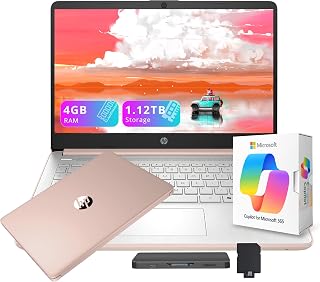 HP Stream 14" HD Laptop with AI Copilot for Students & Business, 13th Gen Intel 4-Core, 4GB RAM, 1.12TB Storage (128GB UFS + 1TB Docking Station), 1-Year Office 365, Wi-Fi 6, Windows 11, Rose Gold