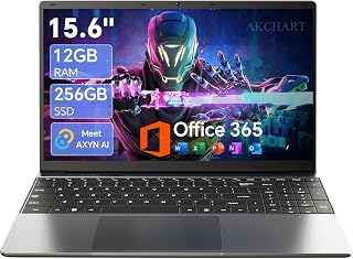 15.6 Inch AI Laptop with Office 365 12GB RAM 256GB SSD(Deep Gray) | 180° Foldable, 7000mAh Battery, Full-Featured Type-C Ordinateur Portable Celeron Quad-core Win 11 Home Laptop Office 365