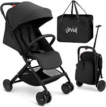 Jovial Lightweight Baby Stroller, Folding Travel Stroller with Reclining Seat, Canopy, 5-Point Safety Harness, Storage Basket, Smooth Wheels, Compact Portable Design (39.8" x 18.7" x 32.3") new black