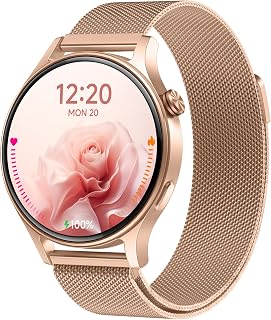 aeac Smart Watch for Women, AMOLED Ultra-Clear Screen Activity Trackers with Heart Rate/Sleep/SpO2 Monitor, Waterproof Fitness Smartwatch for iPhone/Samsung/Android (Rose Gold& Steel Band)